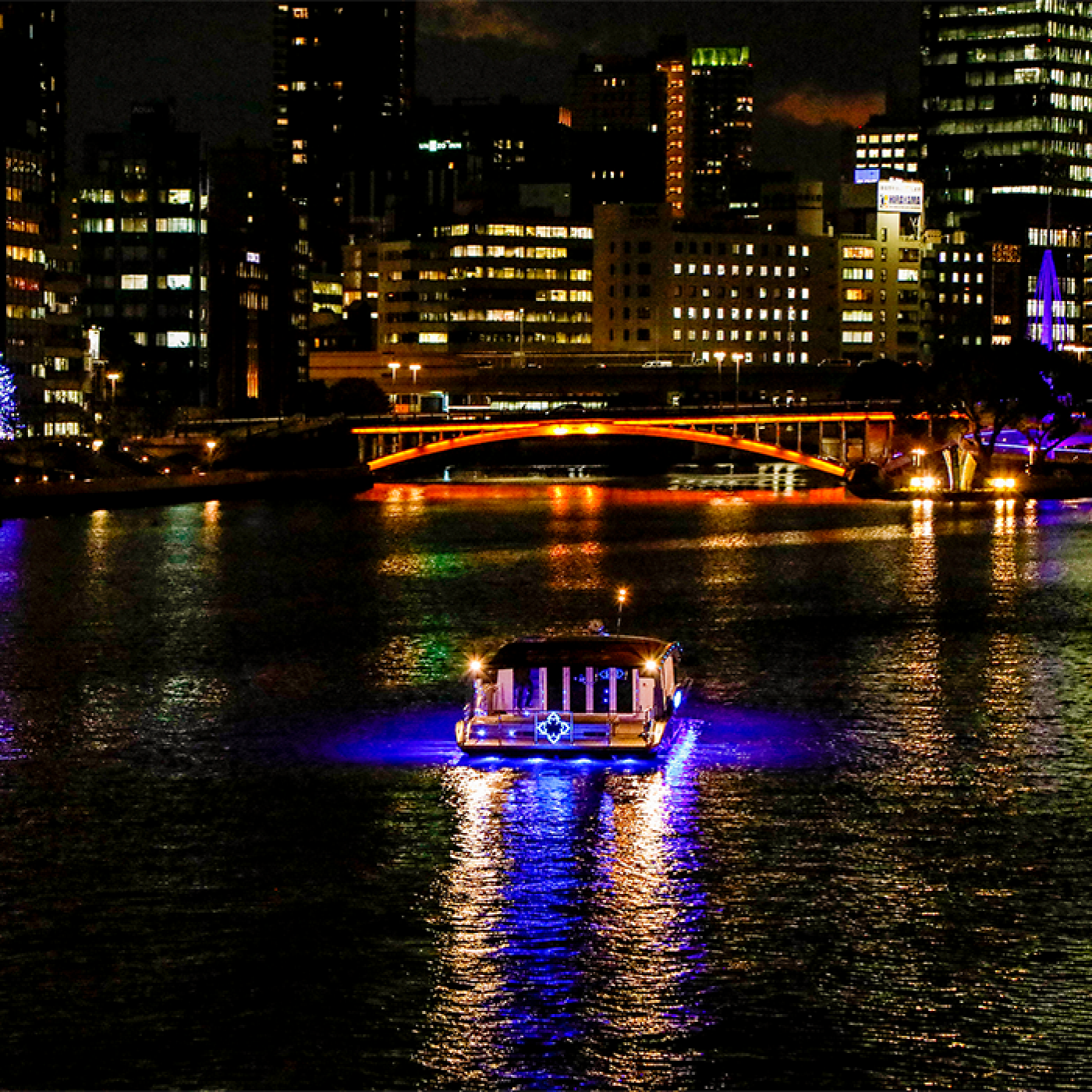 夜の大川をクルーズ船が進む様子